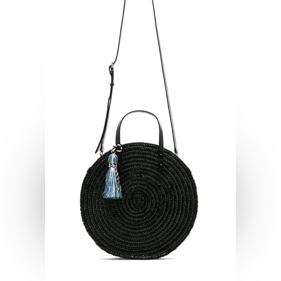 NWT Rebecca Minkoff Black Straw Circle Tote crossbody strap - Picture 2 of 10